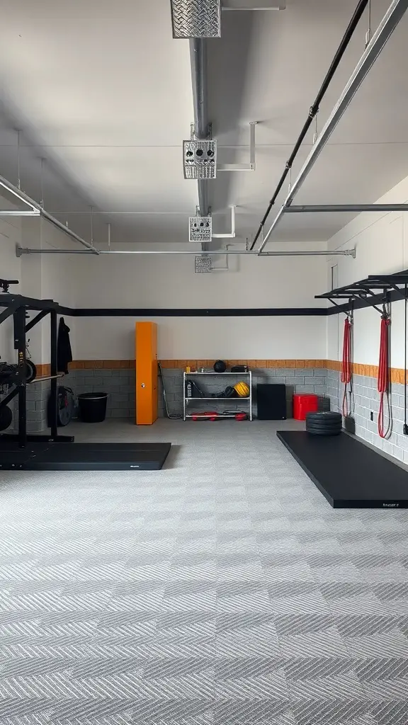 27+ Inspiring Half Garage Gym Ideas for Your Home Workout Space 15 A modern garage gym with patterned flooring and gym equipment.