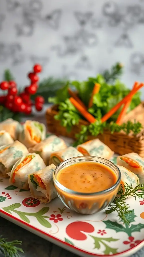 A platter of vegetable spring rolls with a dipping sauce, garnished with fresh herbs and festive decorations.