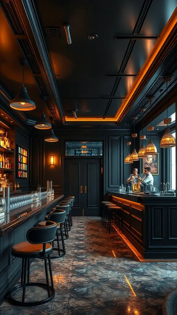 23+ Hidden Gem Speakeasies to Discover in the Basement 13 A stylish bar interior with dark tones and warm lighting, featuring a long counter and bar stools.