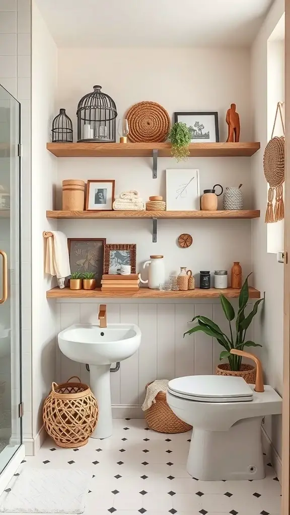 Open shelving in a boho bathroom displaying decor and plants
