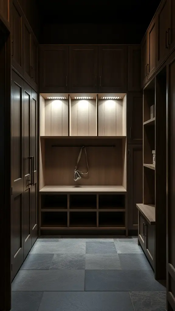 Mudroom lockers with built-in lighting, showcasing wooden cabinets and illuminated sections.