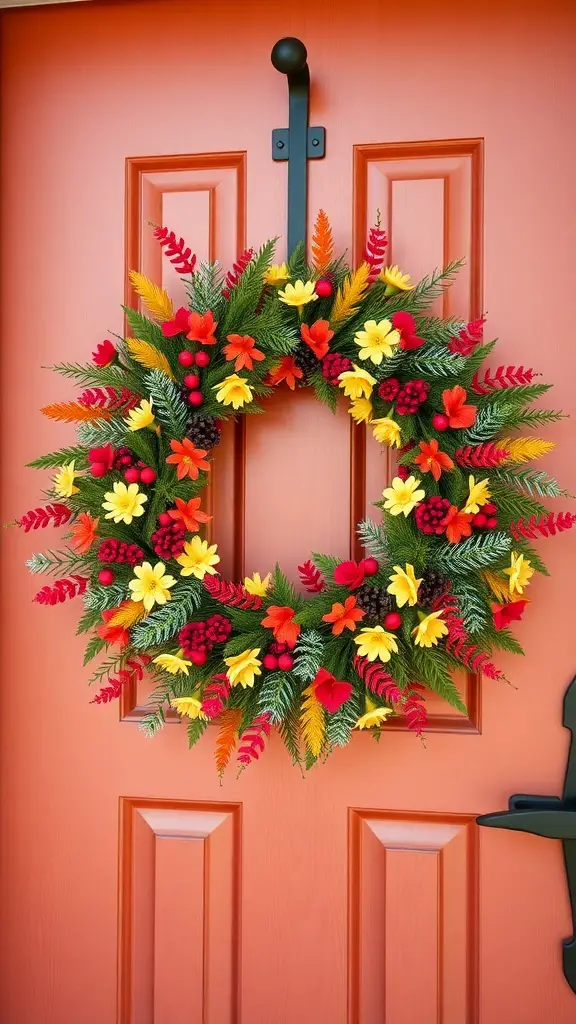 29+ Creative Dollar Tree DIY Crafts You Need to Try 7 A colorful DIY wreath made from faux flowers and greenery, hanging on a door.