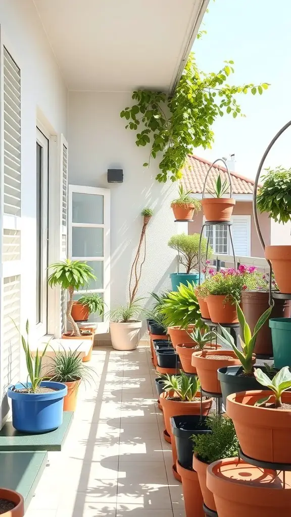 A sunny balcony filled with various potted plants, showcasing a vibrant container gardening setup.