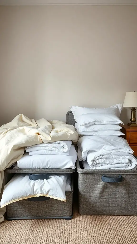 25+ Creative Under Bed Storage Solutions for Small Spaces 13 Storage bins filled with bedding and linens under a bed