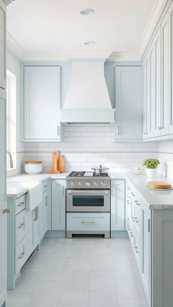 25+ Stunning Painted Kitchen Cabinet Ideas to Transform Your Space 11 A kitchen with light blue painted cabinets, white subway tiles, and modern appliances.