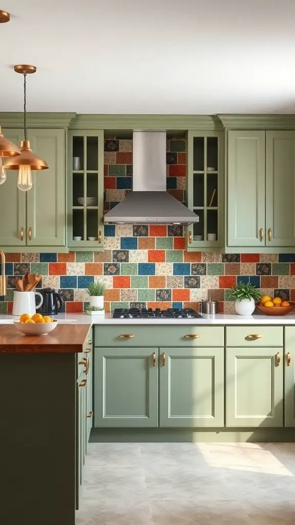 25+ Beautiful Sage Green Farmhouse Kitchen Cabinet Ideas 13 A kitchen featuring sage green cabinets and a colorful tile backsplash.