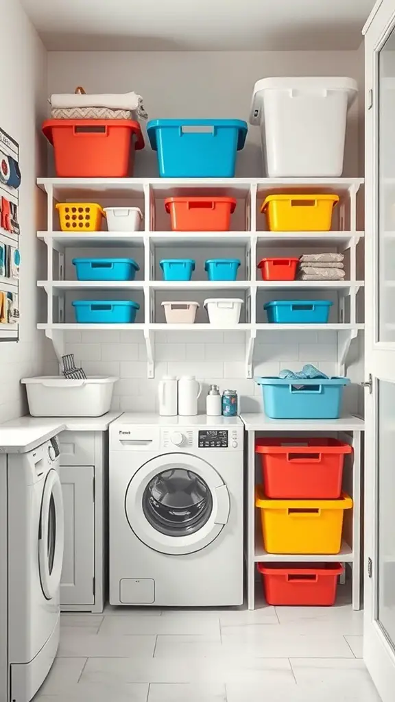 27+ Creative Mini Laundry Room Ideas to Maximize Your Space 15 Color-coded storage bins in a mini laundry room