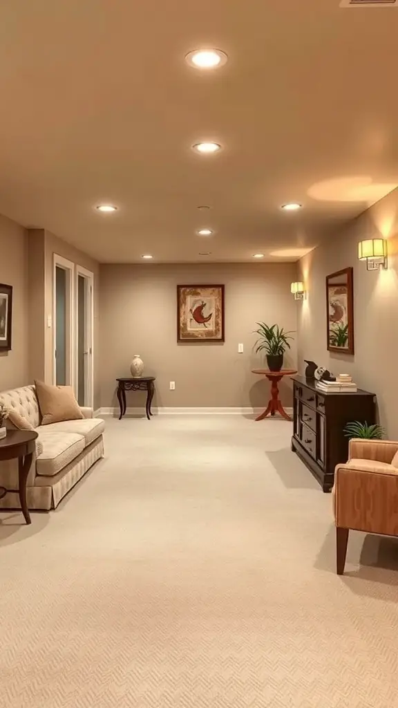 A cozy basement painted in warm beige, featuring comfortable furniture and soft lighting.