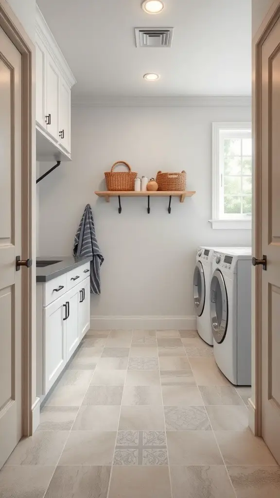 25+ Stylish Mudroom and Laundry Room Combo Ideas to Maximize Space 9 A modern laundry room with white cabinets, a shelf, and stylish tile flooring.