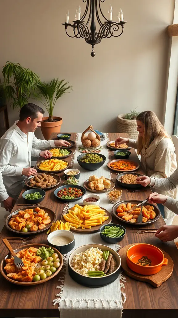 29+ Stunning Dining Room Table Decor Ideas 14 A family style dining table filled with various dishes, featuring two people enjoying a meal together.