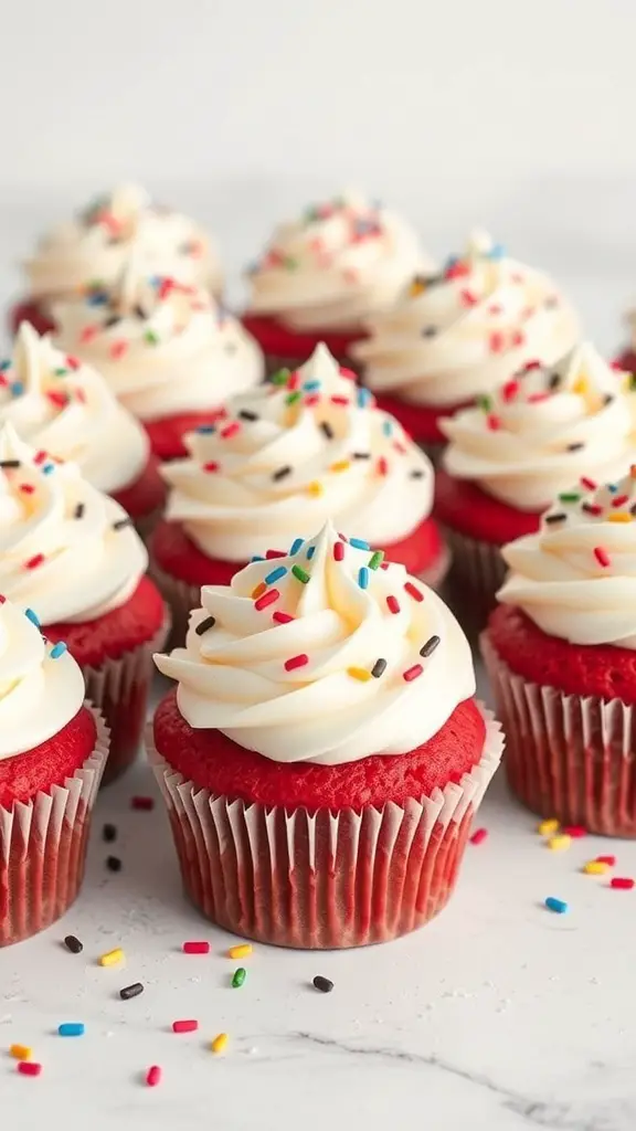 Red velvet cupcakes with cream cheese frosting and colorful sprinkles