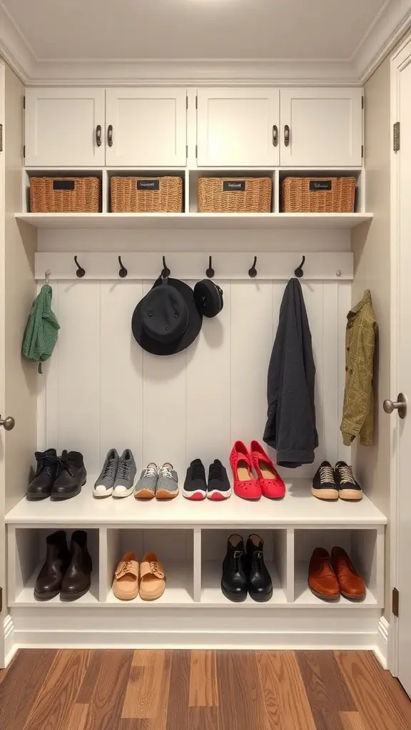 29+ Creative Mudroom Storage Ideas for a Clutter-Free Entrance 2 A well-organized mudroom with cubbies, baskets, hooks, and neatly arranged shoes.