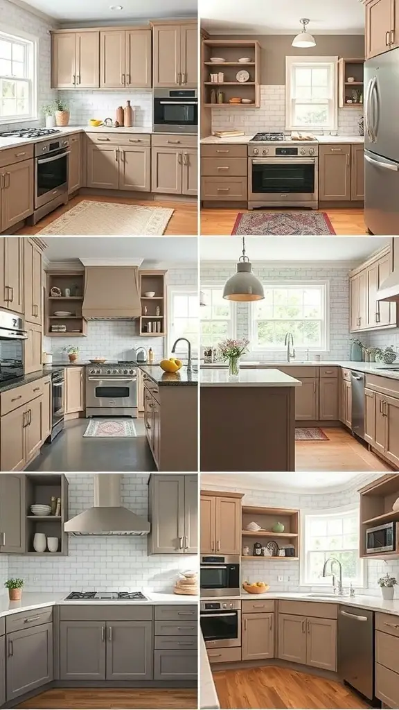 Collage of taupe kitchen cabinets showcasing different styles and designs.