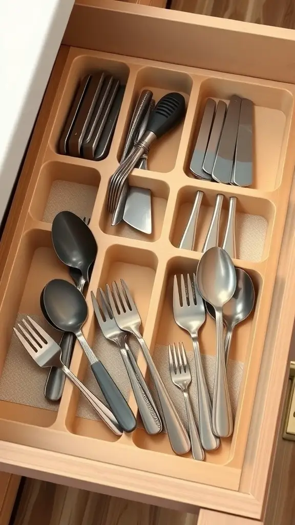 Organized kitchen drawer with cutlery divided into sections