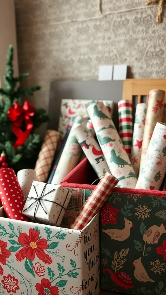 A cozy corner with colorful wrapping paper rolls and decorative storage boxes.