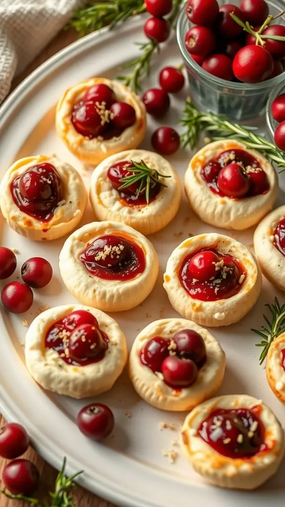 A plate of cranberry brie bites garnished with fresh cranberries and rosemary.