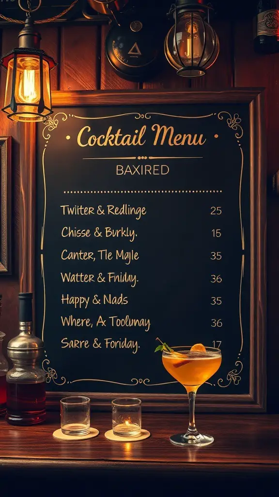 A cocktail menu displayed in a speakeasy setting with various drink names and prices.