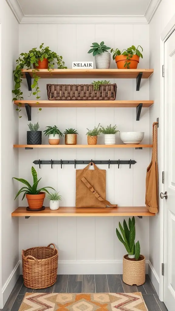 29+ Creative Mudroom Storage Ideas for a Clutter-Free Entrance 3 A mudroom with wall-mounted wooden shelves displaying plants and a basket, along with hooks for bags.
