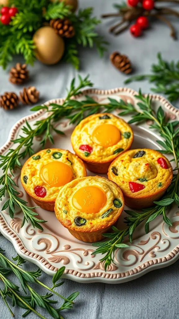 A plate of Egg and Veggie Breakfast Muffins with colorful vegetables and egg yolks, decorated with greenery.