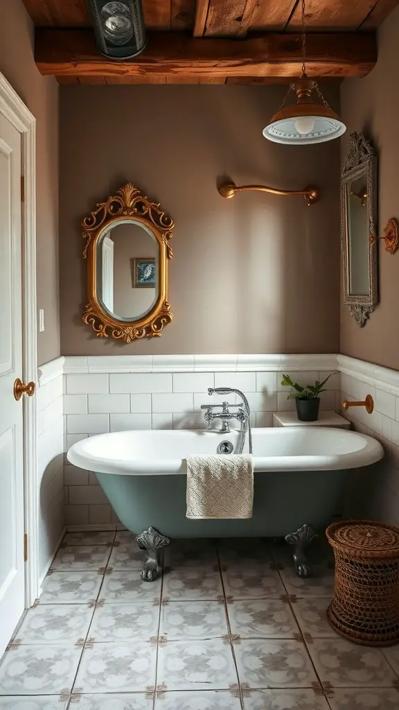 A vintage-inspired basement bathroom featuring a clawfoot tub, ornate mirrors, and rustic lighting.