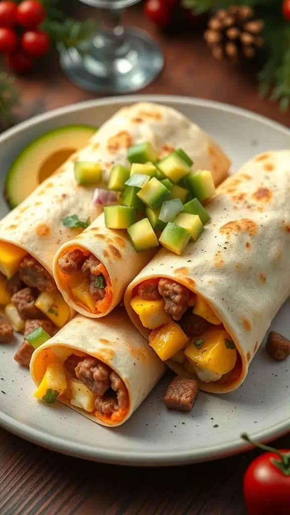 Breakfast burritos with avocado salsa on a plate