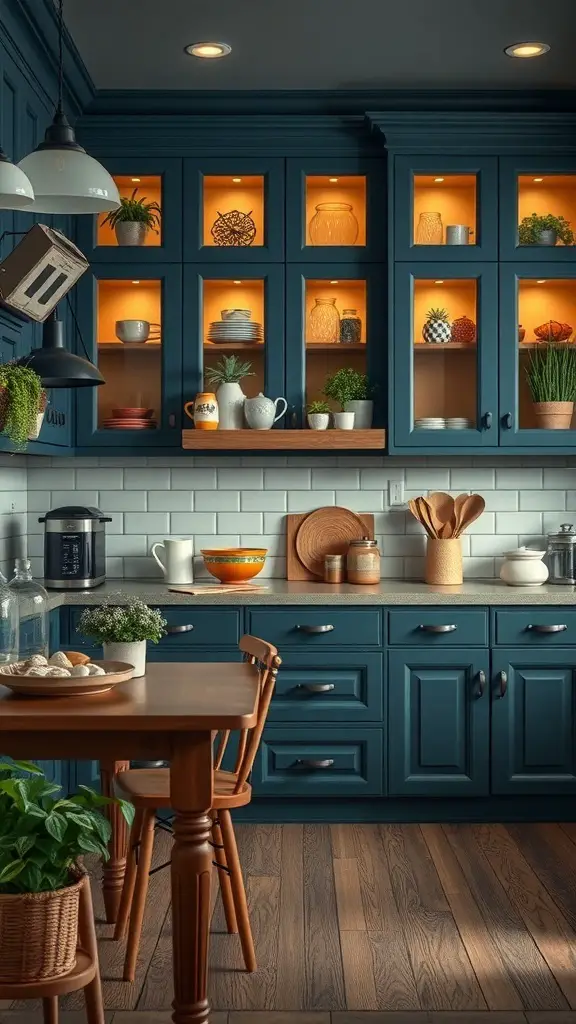 27+ Stunning Dark Blue Kitchen Cabinet Ideas for a Stylish Upgrade 10 A cozy kitchen featuring dark blue cabinets, warm lighting, and wooden furniture.