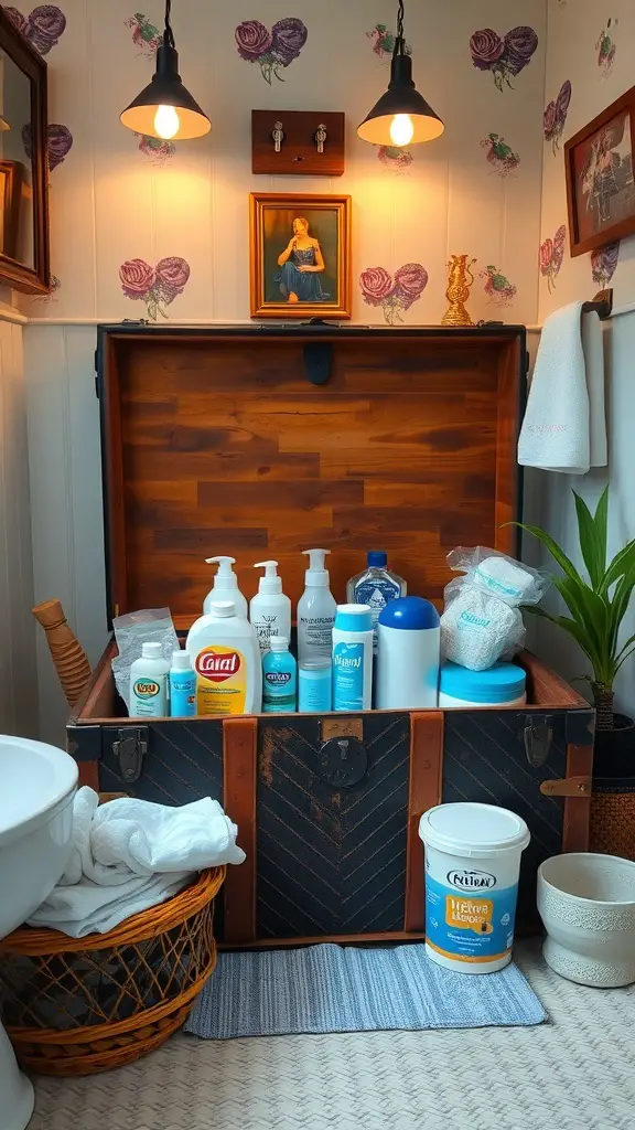 25+ Creative Ways to Store Your Feminine Hygiene Products 6 A vintage trunk used for storage, filled with various feminine hygiene products and surrounded by cozy decor.