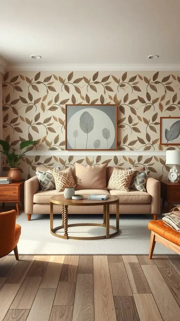 27+ Earthy Living Room Ideas with 15 Must-Have Items 14 A cozy living room with earthy patterns in wallpaper and fabrics, featuring a leaf design and wooden flooring.