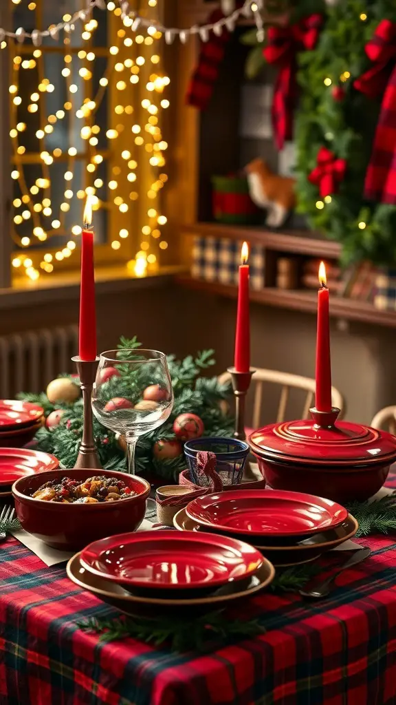 27+ Festive Tartan Christmas Decorations to Elevate Your Holiday Decor 7 A festive dining table decorated with red plates, candles, and tartan tablecloth, surrounded by greenery and ornaments.