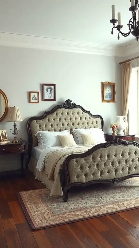 29+ Stunning Upholstered Beds for a Cozy Bedroom Makeover 11 A vintage inspired upholstered bed with a tufted headboard and footboard, surrounded by elegant decor.