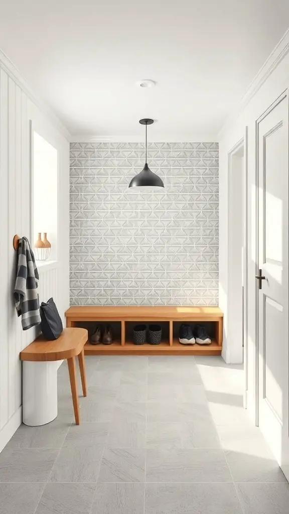 25+ Stylish Mudroom Tile Floor Ideas You’ll Love 2 Mudroom with geometric tile wall and gray tile floor