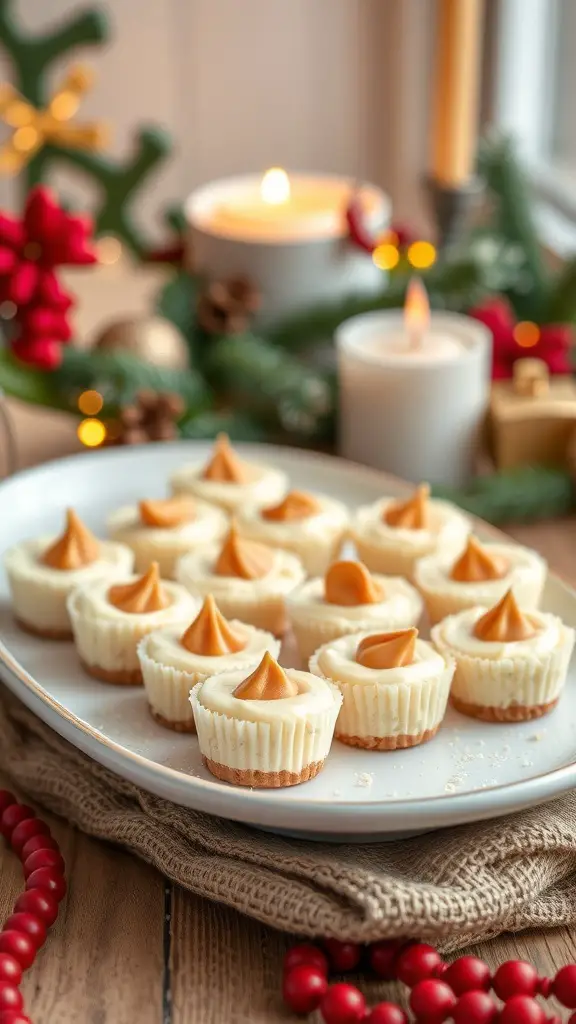 23+ Delightful Christmas Sweet Ideas You Must Try This Holiday Season 5 A platter of eggnog cheesecake bites topped with caramel, surrounded by festive decorations.