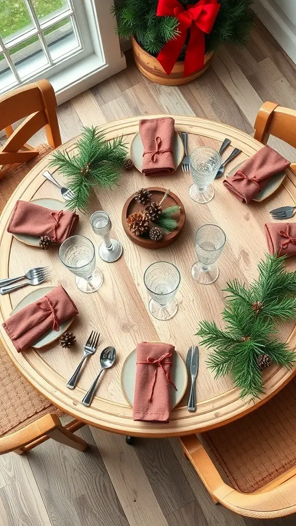 27+ Stunning Christmas Table Settings for Round Tables 6 A round Christmas table setting with natural elements like pine branches and pinecones, featuring soft napkins and simple plates.
