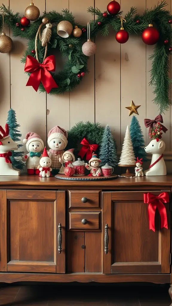 23+ Beautiful Christmas Sideboard Decor Ideas to Transform Your Home 9 A vintage Christmas sideboard decorated with snowmen, Santas, a wreath, and festive ornaments.