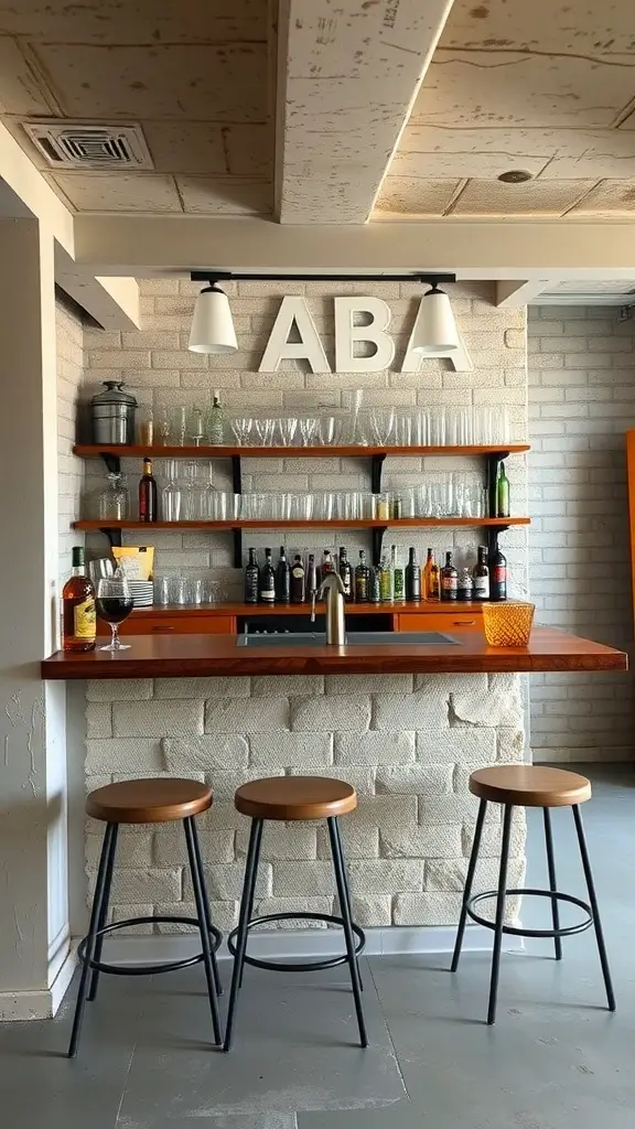 25+ Budget-Friendly Unfinished Basement Ideas to Transform Your Space 7 A budget-friendly bar setup with a wooden countertop, shelves displaying drinks, and three bar stools.