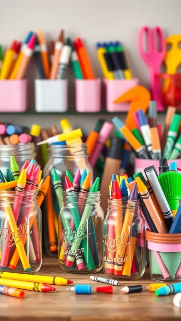 27+ Creative Mason Jar Storage Ideas for a Clutter-Free Home 14 Colorful kids' craft station with mason jars filled with art supplies.