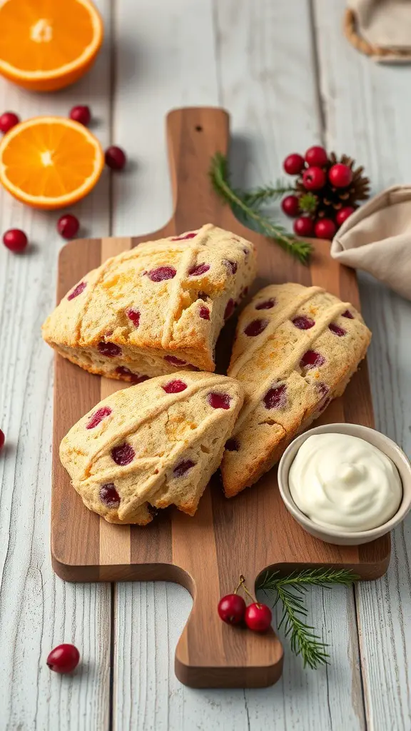 Cranberry orange scones on a wooden cutting board with orange slices and cranberries