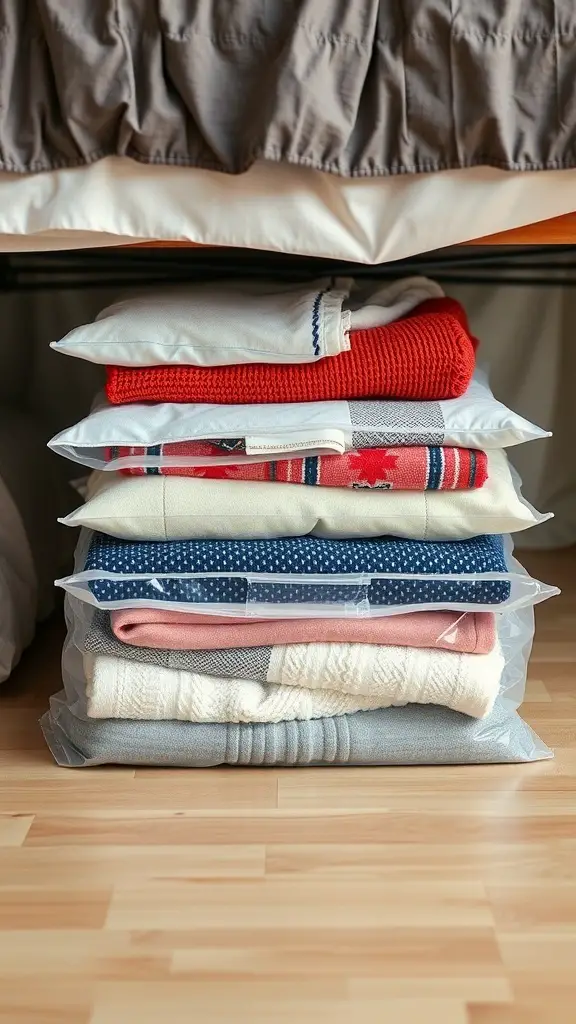 25+ Creative Under Bed Storage Solutions for Small Spaces 6 Stack of vacuum-sealed bags containing seasonal clothing and blankets under a bed.