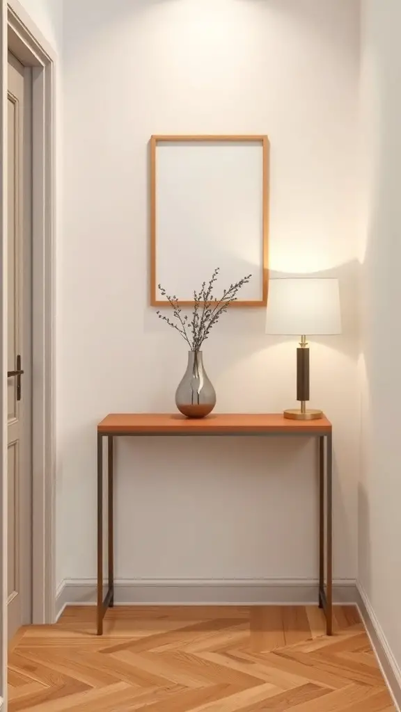 A narrow console table with a vase and lamp in a hallway