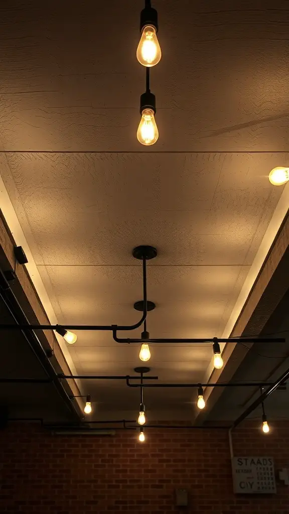 Hanging lights in an open ceiling basement