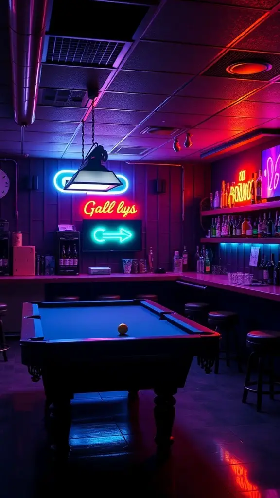 A game room bar featuring a pool table and neon lights.