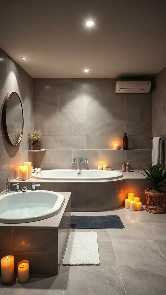 Luxurious basement bathroom with a bathtub, candles, and soft lighting.