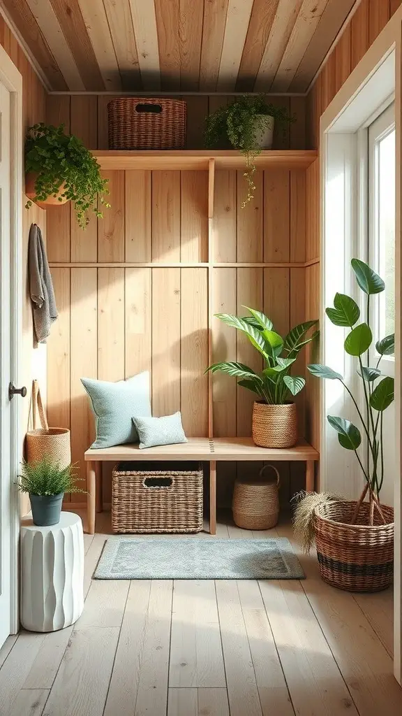 25+ Stunning Mini Mudroom Entryway Ideas for Small Spaces 12 A cozy mini mudroom entryway with wooden walls, plants, and a bench.