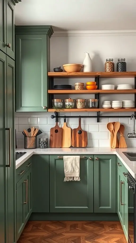 27+ Stunning Green Rustic Kitchen Cabinets for a Charming Makeover 15 A rustic kitchen featuring green cabinets and wooden shelving with kitchenware.