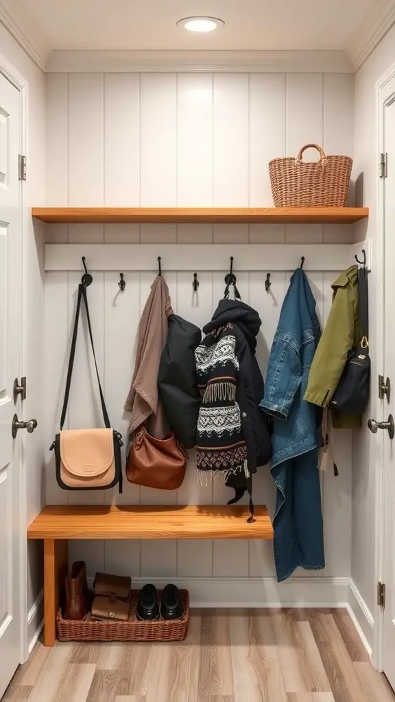 27+ Stylish IKEA Mudroom Ideas for a Functional Space 8 A mudroom with multi-purpose hooks for hanging jackets and bags, featuring a wooden shelf above.