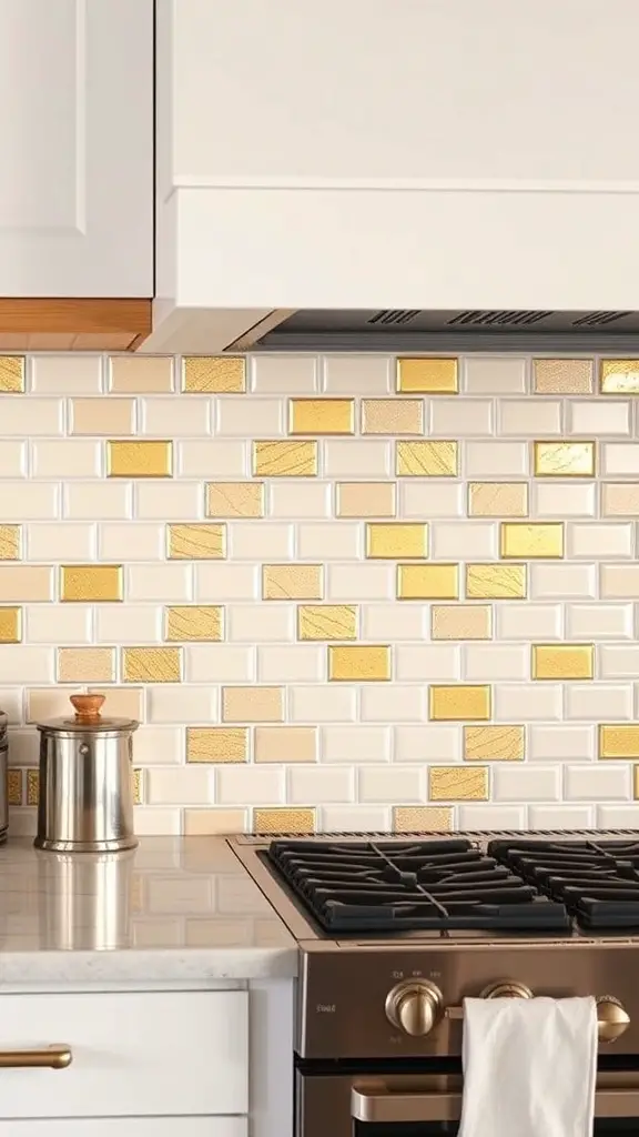 Cream and gold kitchen backsplash with textured tiles
