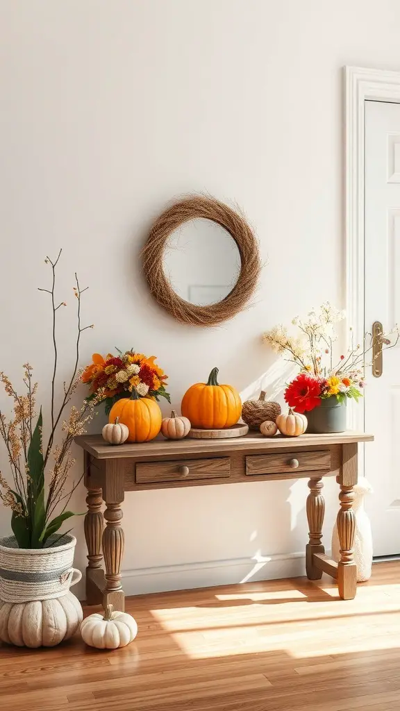 25+ Stunning Entryway Table Decor Ideas You’ll Love 3 A cozy autumn entryway table decorated with pumpkins and flowers.