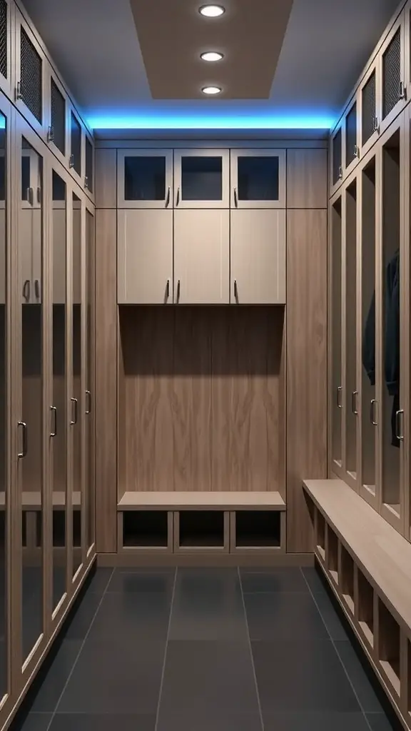 Modern mudroom lockers with wooden finish and blue lighting