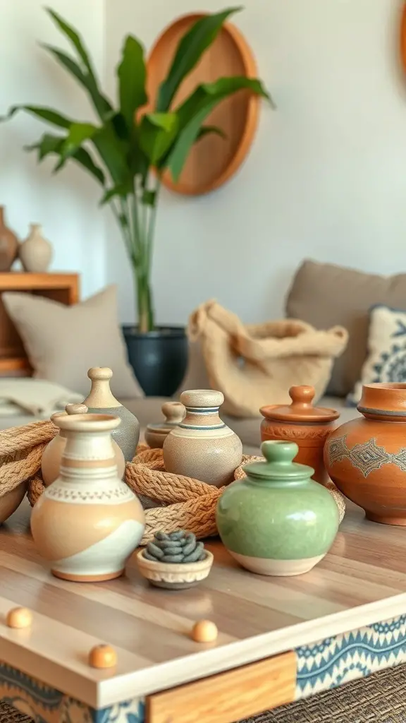 A collection of artisan pottery pots in earthy tones on a wooden table, surrounded by a cozy living room setting.