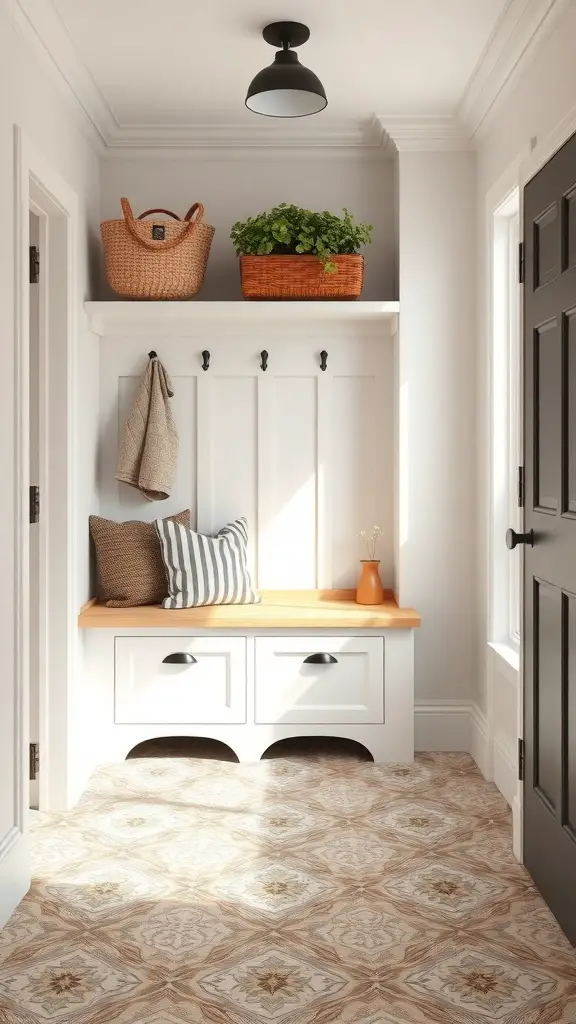 25+ Stunning Mini Mudroom Entryway Ideas for Small Spaces 7 A stylish mini mudroom with patterned flooring, a bench, and storage baskets.